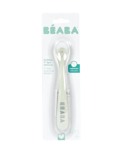 Beaba 1st Stage Silicone Spoon-Self Feeding Training Spoon with Ultra Soft Tip-Ergonomic Handles-Misty Green-4M+
