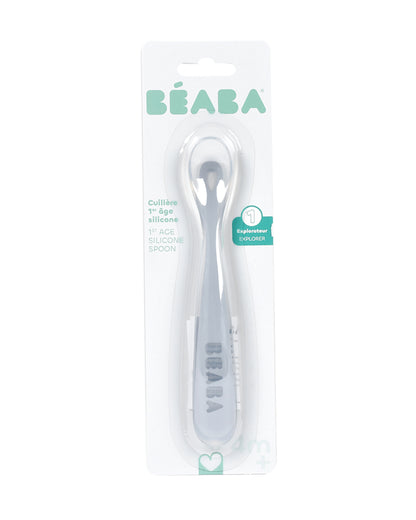 Beaba 1st Stage Silicone Spoon-Self Feeding Training Spoon with Ultra Soft Tip-Ergonomic Handles-Pebble-4M+