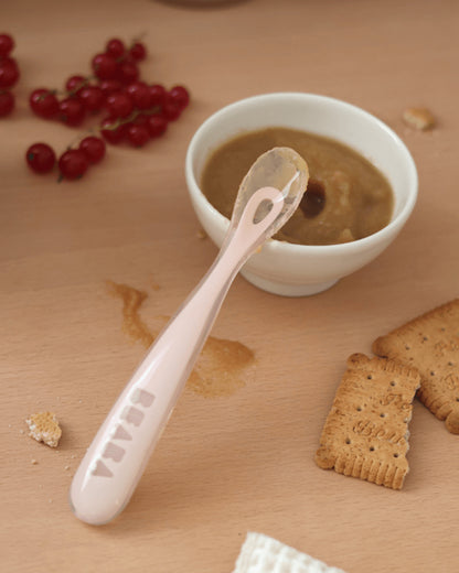 Beaba 1st Stage Silicone Spoon-Self Feeding Training Spoon with Ultra Soft Tip-Ergonomic Handles-Cotton Candy-4M+