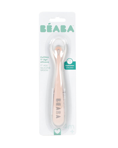 Beaba 1st Stage Silicone Spoon-Self Feeding Training Spoon with Ultra Soft Tip-Ergonomic Handles-Cotton Candy-4M+