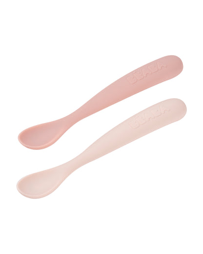 Beaba 1st Stage Soft Silicone Spoon-Self Feeding Training Spoon with Ultra Soft Tip-Ergonomic Handles-Pack of 2-Cotton Candy & Marshmallow-4M+