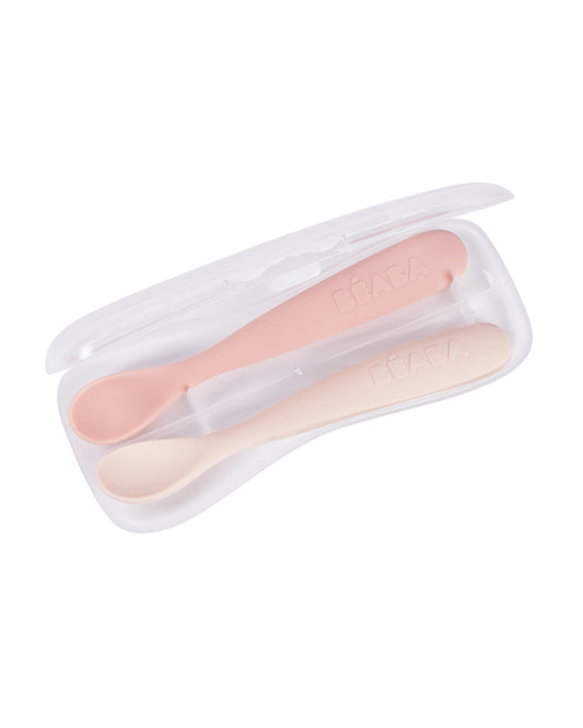 Beaba 1st Stage Soft Silicone Spoon-Self Feeding Training Spoon with Ultra Soft Tip-Ergonomic Handles-Pack of 2-Cotton Candy & Marshmallow-4M+