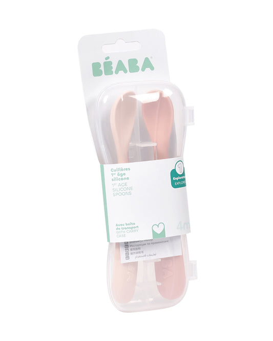 Beaba 1st Stage Soft Silicone Spoon-Self Feeding Training Spoon with Ultra Soft Tip-Ergonomic Handles-Pack of 2-Cotton Candy & Marshmallow-4M+