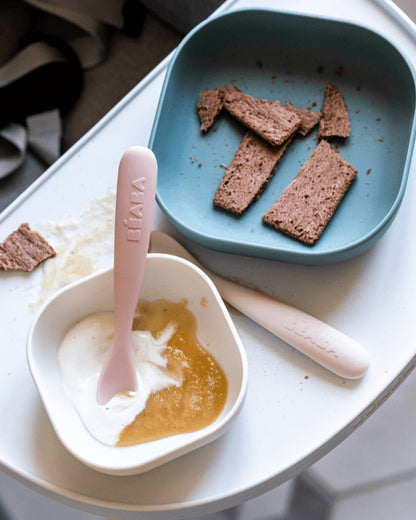 Beaba 1st Stage Soft Silicone Spoon-Self Feeding Training Spoon with Ultra Soft Tip-Ergonomic Handles-Pack of 2-Cotton Candy & Marshmallow-4M+