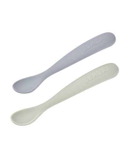 Beaba 1st Stage Soft Silicone Spoon-Self Feeding Training Spoon with Ultra Soft Tip-Ergonomic Handles-Pack of 2-Green & Grey-4M+