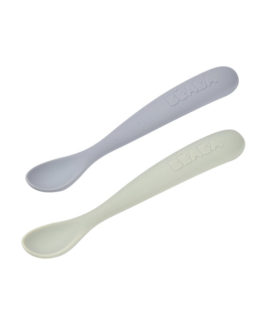Beaba 1st Stage Soft Silicone Spoon-Self Feeding Training Spoon with Ultra Soft Tip-Ergonomic Handles-Pack of 2-Green & Grey-4M+