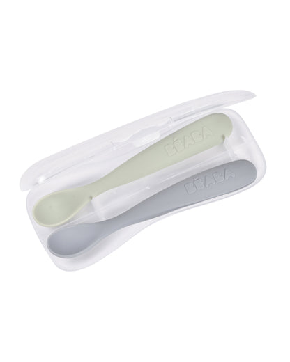 Beaba 1st Stage Soft Silicone Spoon-Self Feeding Training Spoon with Ultra Soft Tip-Ergonomic Handles-Pack of 2-Green & Grey-4M+
