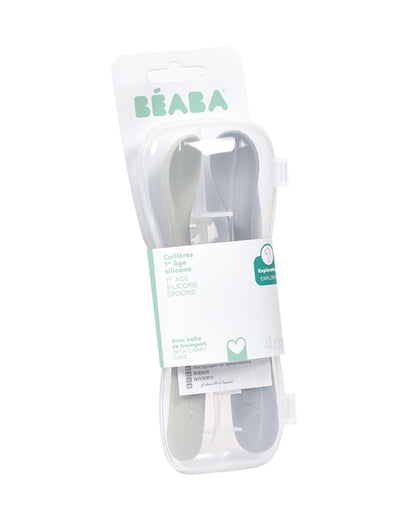 Beaba 1st Stage Soft Silicone Spoon-Self Feeding Training Spoon with Ultra Soft Tip-Ergonomic Handles-Pack of 2-Green & Grey-4M+