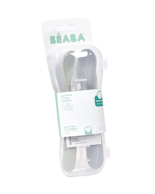 Beaba 1st Stage Soft Silicone Spoon-Self Feeding Training Spoon with Ultra Soft Tip-Ergonomic Handles-Pack of 2-Green & Grey-4M+