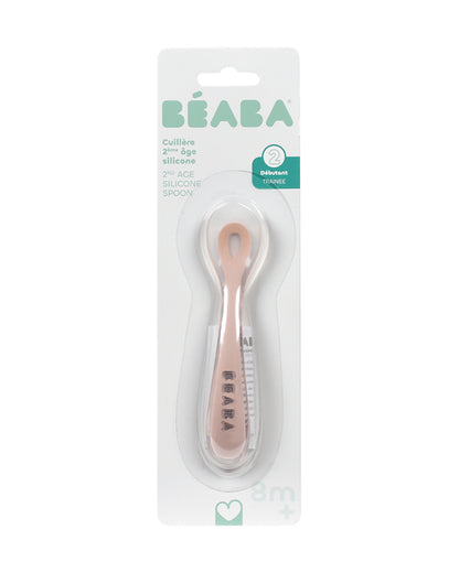 Beaba 2nd Stage Silicone Spoon-Self Feeding Training Spoon with Ultra Soft Tip-Ergonomic Handles-Cotton Candy-8M+