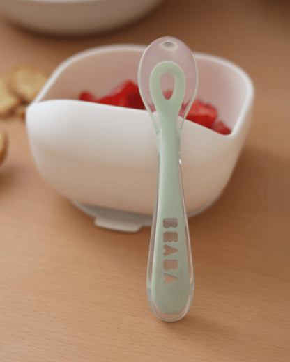 Beaba 2nd Stage Silicone Spoon-Self Feeding Training Spoon with Ultra Soft Tip-Ergonomic Handles-Misty Green-8M+