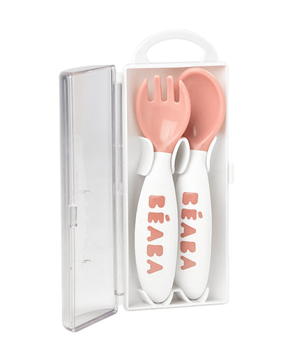 Beaba 2nd Stage Spoon and Fork Set-Ultra Soft Tip & Gum Friendly-Ergonomic Handles-Pack of 2-Old Pink-8M+