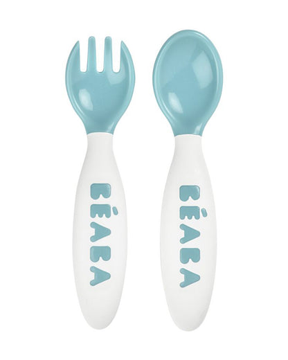 Beaba 2nd Stage Spoon and Fork Set-Ultra Soft Tip & Gum Friendly-Ergonomic Handles-Pack of 2-Airy Green-8M+