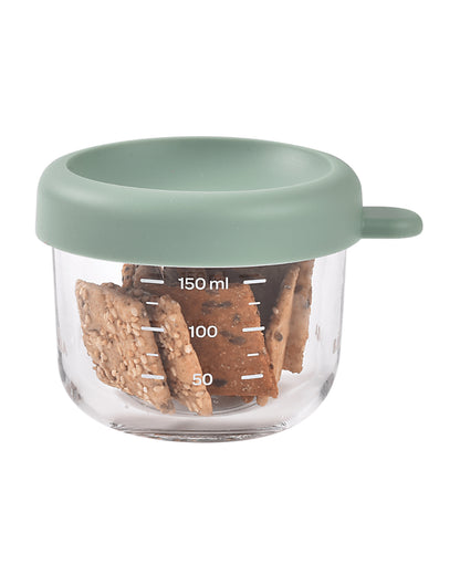 Beaba Glass Storage Container-Airtight Container with Measuring Scale-Microwave Safe-Sage Green-150ml