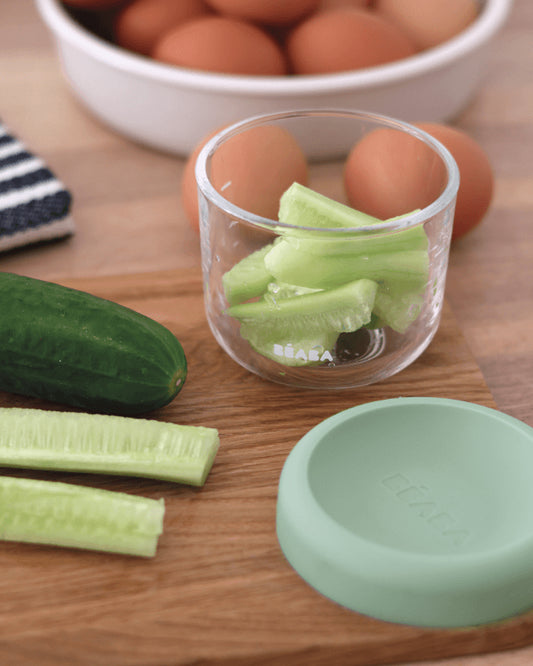 Beaba Glass Storage Container-Airtight Container with Measuring Scale-Microwave Safe-Sage Green-150ml