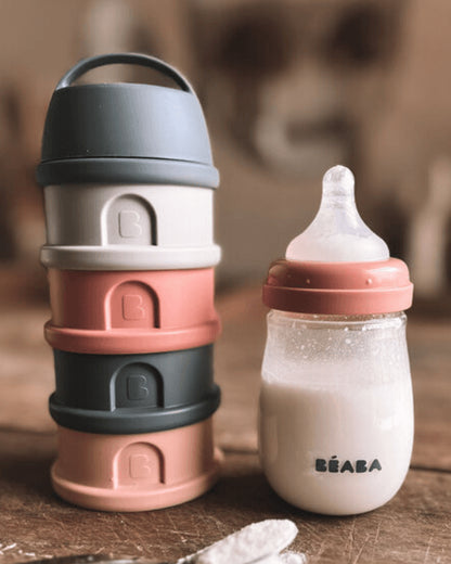Beaba Stacked Milk Formula Container-Airtight Multifunctional Storage Container-Microwave Safe & Travel Friendly-Pink & Mineral Grey