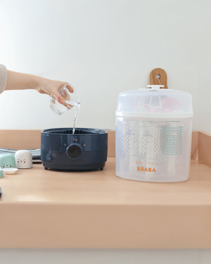 Beaba 2-in-1 Baby Bottle Sterilizer and Dryer-Fast 8 Minute Steam Sterilization with 3 Modes-Large Capacity for 6 Bottles & Accessories-Night Blue