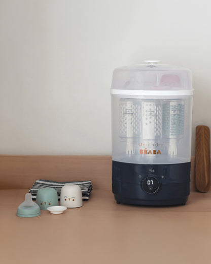 Beaba 2-in-1 Baby Bottle Sterilizer and Dryer-Fast 8 Minute Steam Sterilization with 3 Modes-Large Capacity for 6 Bottles & Accessories-Night Blue