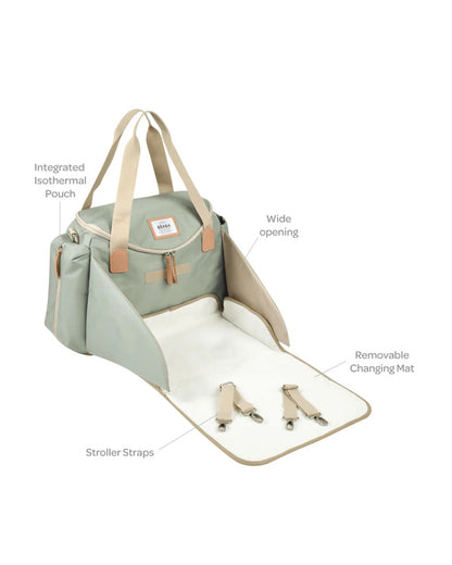 Beaba Sydney Baby Diaper Bag-Large Capacity Multi-Pocket Organizer with Changing Mat & Insulated Bottle Pouch-Sage Green