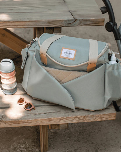 Beaba Sydney Baby Diaper Bag-Large Capacity Multi-Pocket Organizer with Changing Mat & Insulated Bottle Pouch-Sage Green