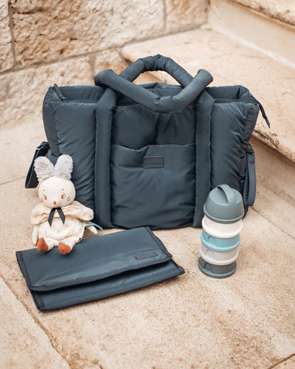 Beaba Paris Puffer Baby Diaper Bag-Large Capacity Multi-Pocket Organizer with Changing Mat & Insulated Bottle Pouch-Mineral Grey
