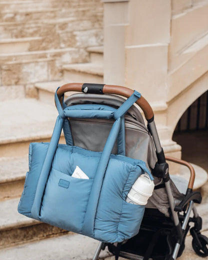 Beaba Paris Puffer Baby Diaper Bag-Large Capacity Multi-Pocket Organizer with Changing Mat & Insulated Bottle Pouch-Baltic Blue