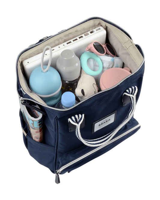 Beaba Wellington Baby Diaper Bag-Stylish Backpack with Large Capacity, Multiple Pockets, Changing Mat & Insulated Bottle Holder-Marina Blue