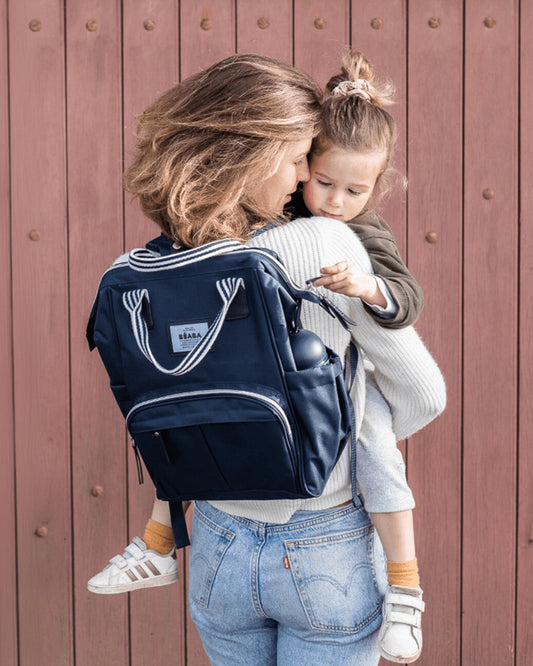 Beaba Wellington Baby Diaper Bag-Stylish Backpack with Large Capacity, Multiple Pockets, Changing Mat & Insulated Bottle Holder-Marina Blue