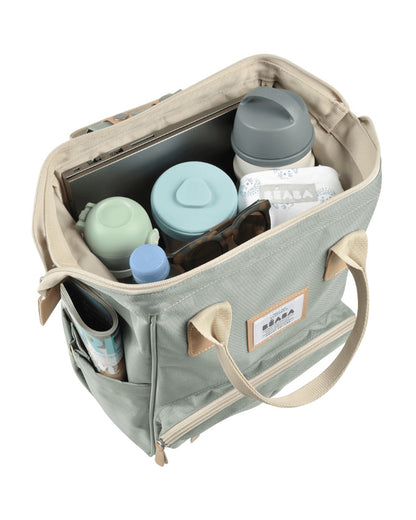 Beaba Wellington Baby Diaper Bag-Stylish Backpack with Large Capacity, Multiple Pockets, Changing Mat & Insulated Bottle Holder-Sage Green
