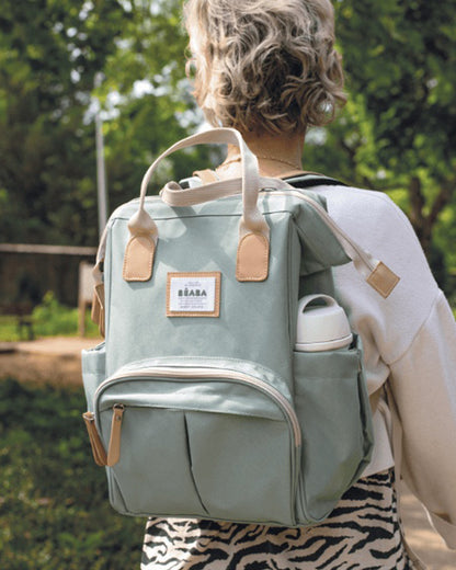 Beaba Wellington Baby Diaper Bag-Stylish Backpack with Large Capacity, Multiple Pockets, Changing Mat & Insulated Bottle Holder-Sage Green
