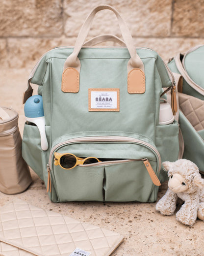 Beaba Wellington Baby Diaper Bag-Stylish Backpack with Large Capacity, Multiple Pockets, Changing Mat & Insulated Bottle Holder-Sage Green