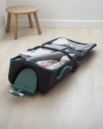 Beaba Ride On Trolley Carry On Luggage-Expandable Large Opening-Built in Seat for Kids-Black & Green