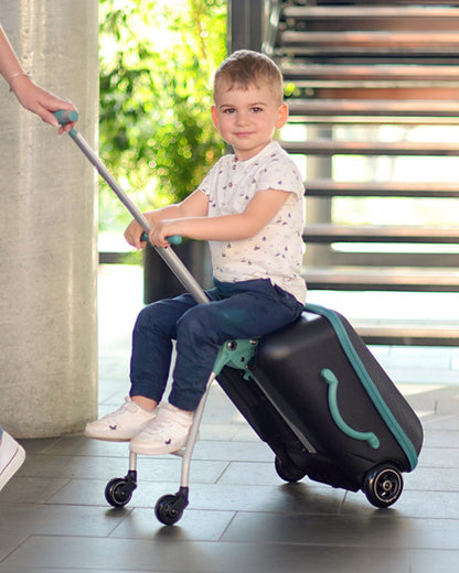 Beaba Ride On Trolley Carry On Luggage-Expandable Large Opening-Built in Seat for Kids-Black & Green