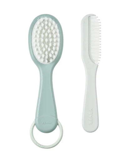 Beaba Baby Brush & Comb Set-Soft Nylon Bristle Brush & Gentle Comb with Easy-Grip Handle-Green Blue-0M+