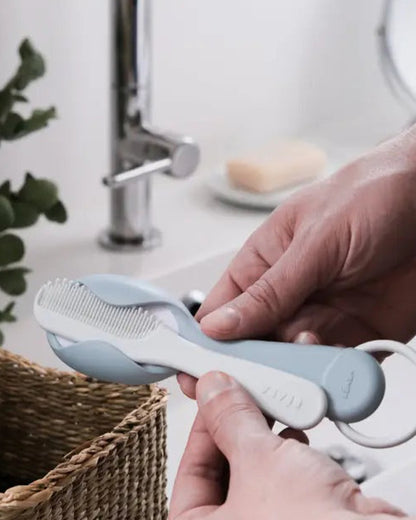 Beaba Baby Brush & Comb Set-Soft Nylon Bristle Brush & Gentle Comb with Easy-Grip Handle-Green Blue-0M+