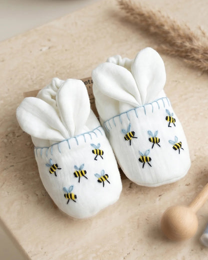 PureCloth White Booties-Bumble Bee Embroidered-100% Cotton-For Infants