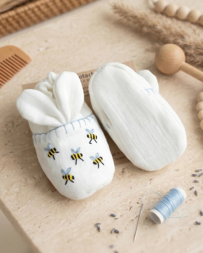 PureCloth White Booties-Bumble Bee Embroidered-100% Cotton-For Infants