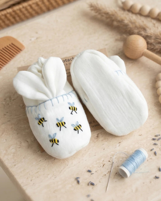 PureCloth White Booties-Bumble Bee Embroidered-100% Cotton-For Infants