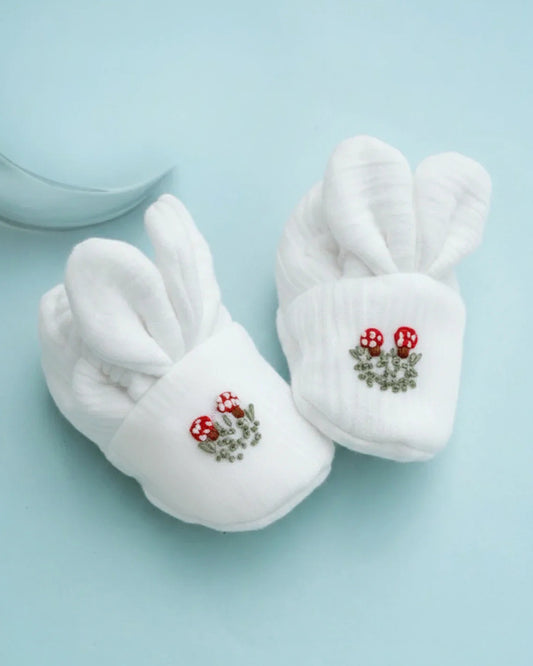PureCloth White Booties-Bunny Embroidered-100% Cotton-For Infants