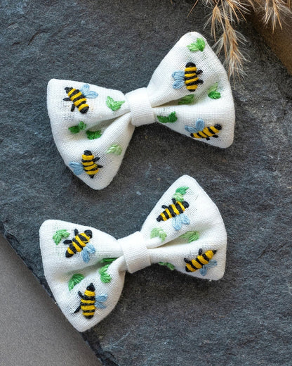 PureCloth Off White Hair Clip-Bumble Bee Embroidered-Cotton-For Infants