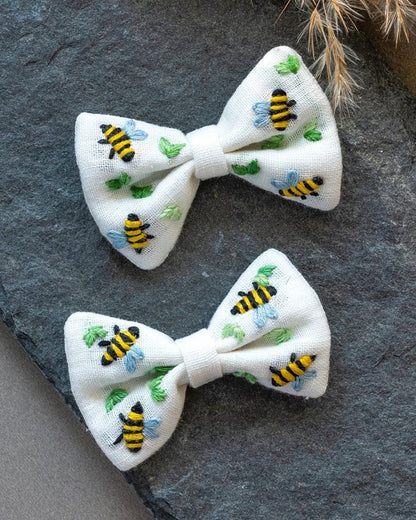 PureCloth Off White Hair Clip-Bumble Bee Embroidered-Cotton-For Infants