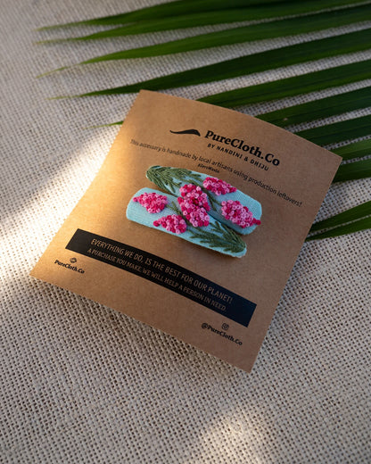 PureCloth Blue & Pink Hair Clip-Flower Hand Embroidered-Cotton-For Infants