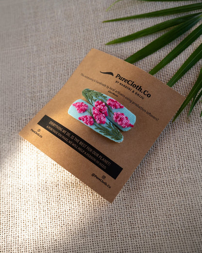 PureCloth Blue & Pink Hair Clip-Flower Hand Embroidered-Cotton-For Infants