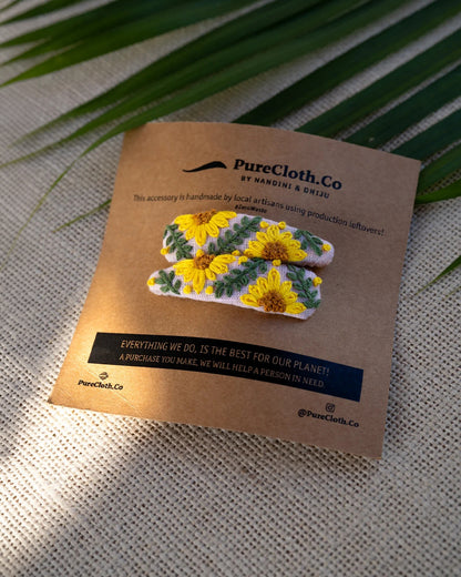 PureCloth Yellow Hair Clip-Golden Bloom Embroidered-Cotton-For Infants