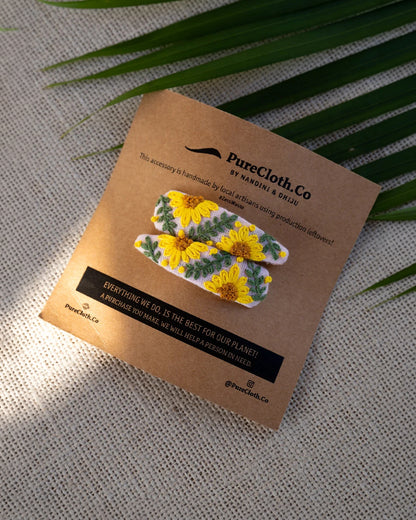 PureCloth Yellow Hair Clip-Golden Bloom Embroidered-Cotton-For Infants