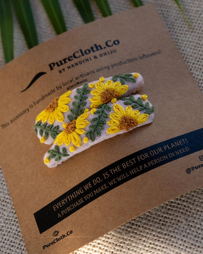 PureCloth Yellow Hair Clip-Golden Bloom Embroidered-Cotton-For Infants