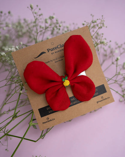PureCloth Crimson Red Hair Clip-Flutter Bug Embroidered-100% Cotton-For Infants