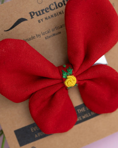 PureCloth Crimson Red Hair Clip-Flutter Bug Embroidered-100% Cotton-For Infants