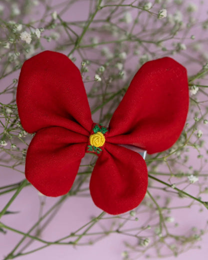 PureCloth Crimson Red Hair Clip-Flutter Bug Embroidered-100% Cotton-For Infants