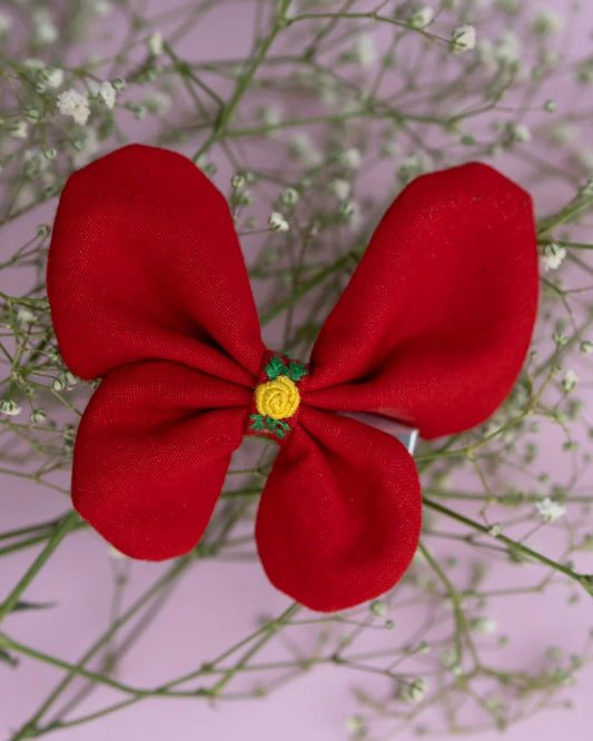 PureCloth Crimson Red Hair Clip-Flutter Bug Embroidered-100% Cotton-For Infants